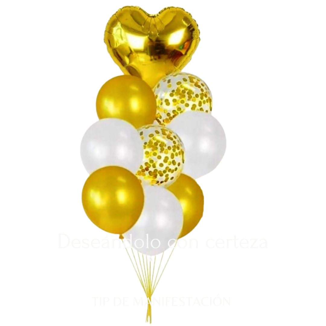Set de Globos Dorados Corazon 9 Piezas con Confeti (Aire o Helio