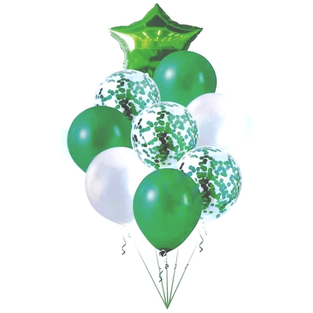 Set de Globos Verde Estrella 9 Piezas con Confeti (Aire o Helio